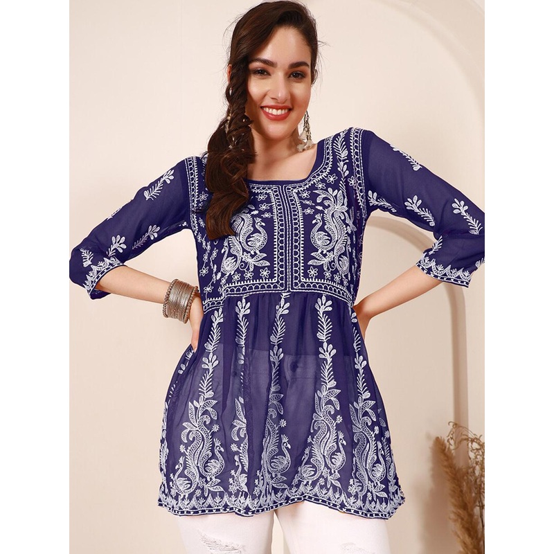 HERE&NOW Navy Blue & White Chikankari Embroidered A-Line Short Kurti