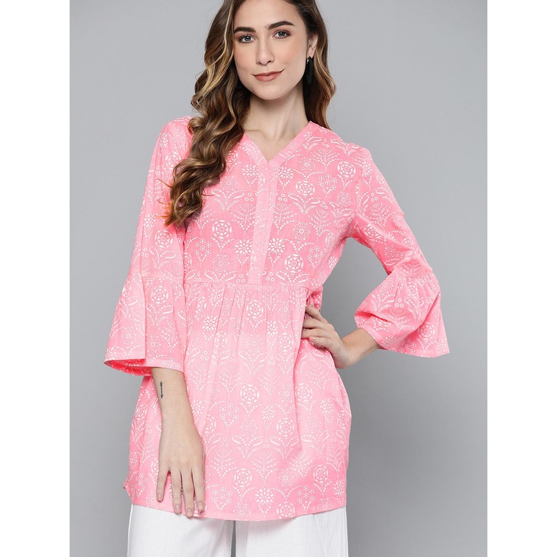 HERE&NOW Peach-Coloured & White Ethnic Motifs Printed V-Neck Pure Cotton Kurti