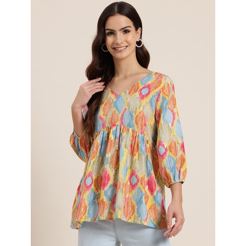 HERE&NOW Printed Puff Sleeves Empire Short Kurti