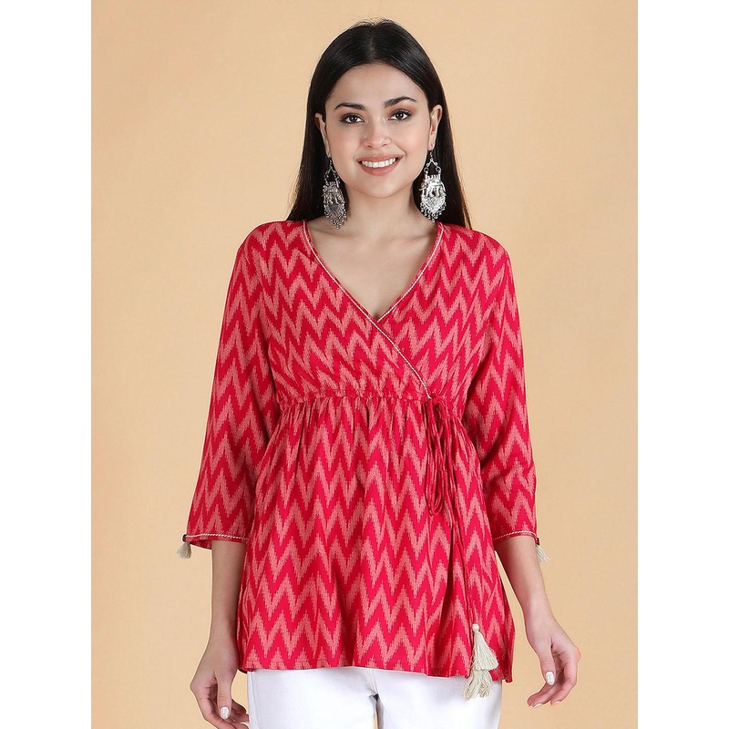 HERE&NOW Red & White Geometric Printed V-Neck Angrakha Short Kurti