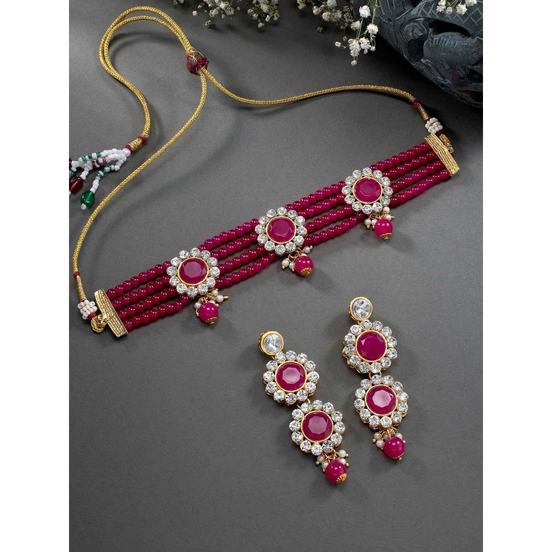 Peora Magenta Pink & White Stone & Beaded Gold Plated Choker Necklace Set