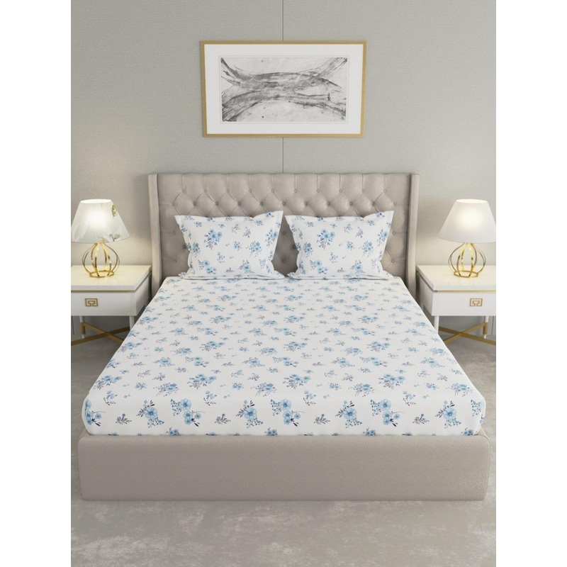 Raymond Home Blue & White Floral 200 TC Queen Bedsheet with 2 Pillow Covers