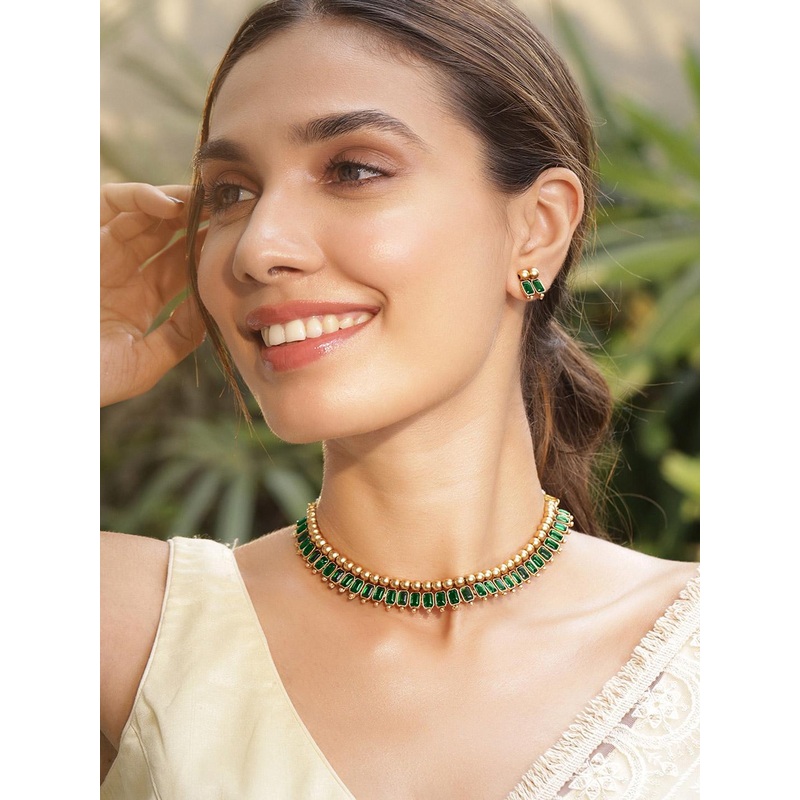 Rubans 22K Gold-Plated Emerald Green Stone Studded Traditional Necklace Set