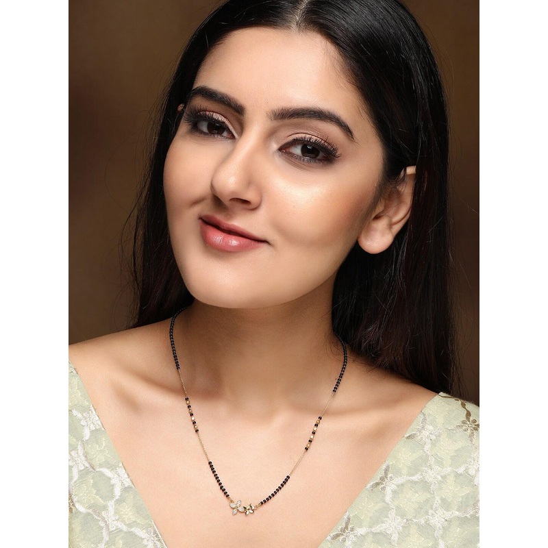 Rubans Women Gold Plated Handcrafted Zircon Studded & Black Beaded Mangalsutra