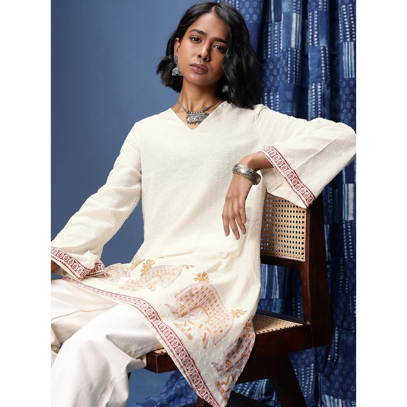 Taavi Sanganeri Ethnic Motifs Printed V-Neck Pure Cotton Dobby A-Line Kurti