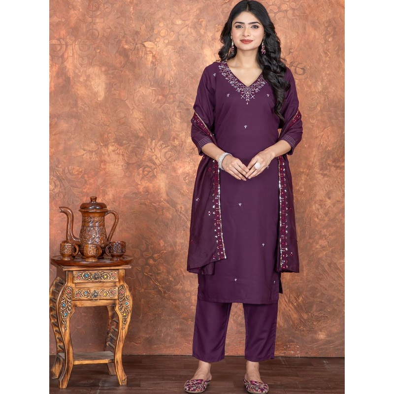 VKOM’S Floral Embroidered Sequinned Pure Cotton Kurta with Palazzo and Dupatta