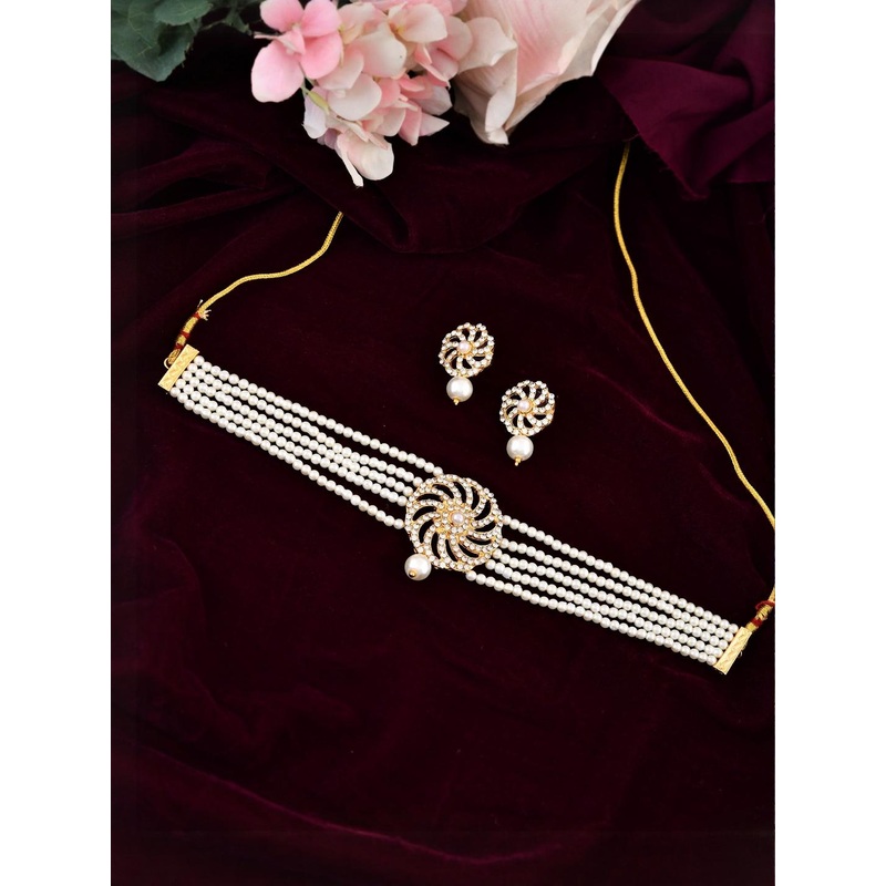 VOJ Women Gold-Plated Artificial Stone Studded And Pearl Studded Tradional Chokar Set