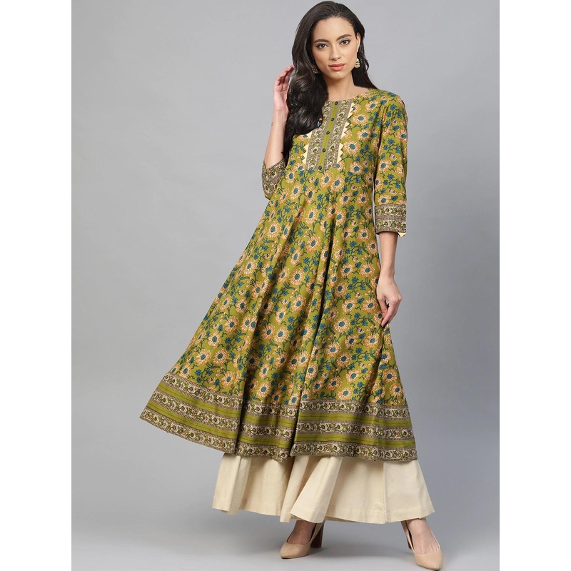 YASH GALLERY Women Green  Teal Blue Floral Printed Anarkali Kurta
