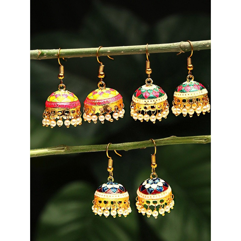 Yellow Chimes Set Of 3 Gold-Plated Meenakari Jhumka Earrings