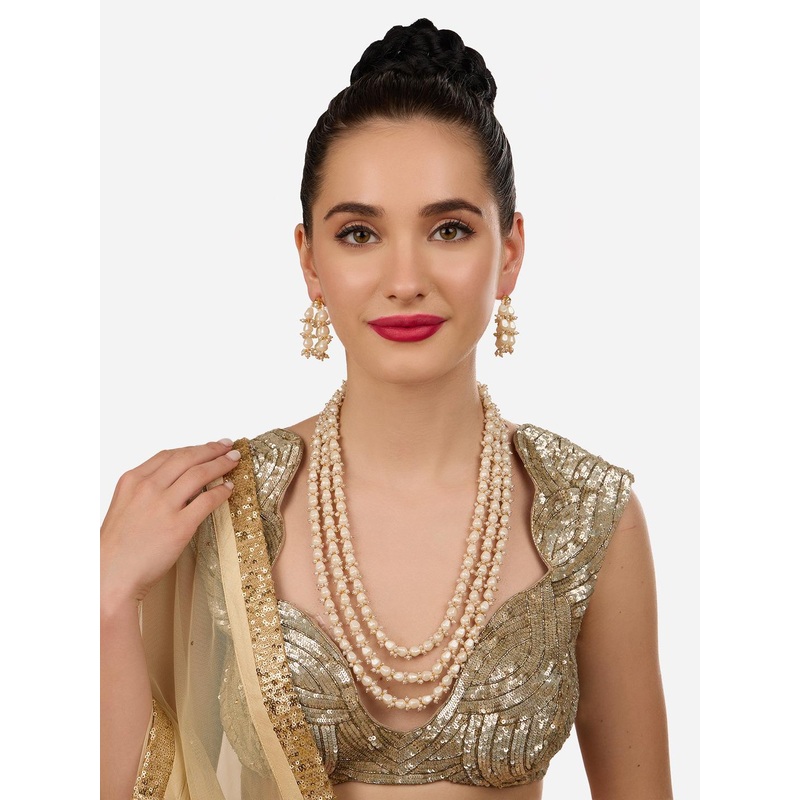 Zaveri Pearls Gold-Plated Multilayer Cluster Beaded Jewellery Set