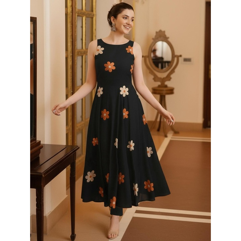 Aaghnya Women Plus Size Floral Embroidered Gotta Patti Round Neck Anarkali Kurta