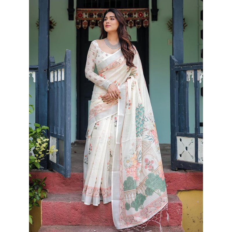 all about you Printed Floral Pure Linen Sarees