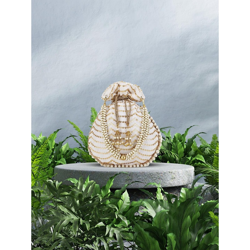 Anekaant Off White & Gold-Toned Embellished Tasselled Potli Clutch