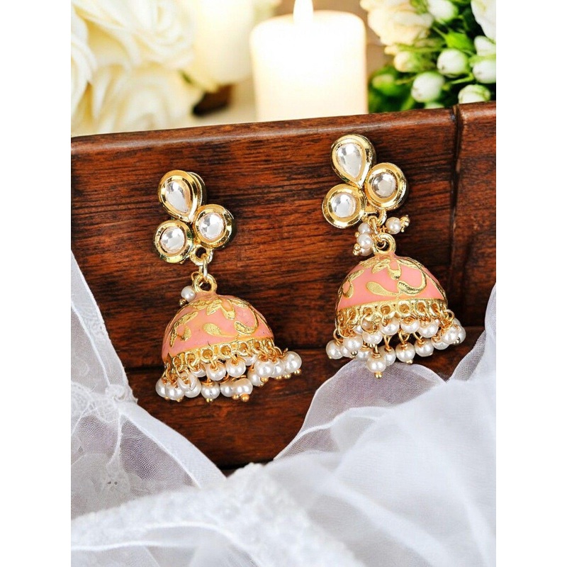 Anouk Dome Shaped Kundan & Pearl Studded Meenakari Jhumkas