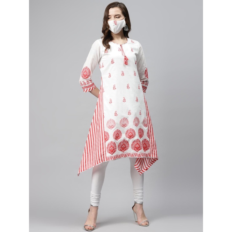 Biba Women White  Pink Printed Pure Cotton A-Line Asymmetric Kurta