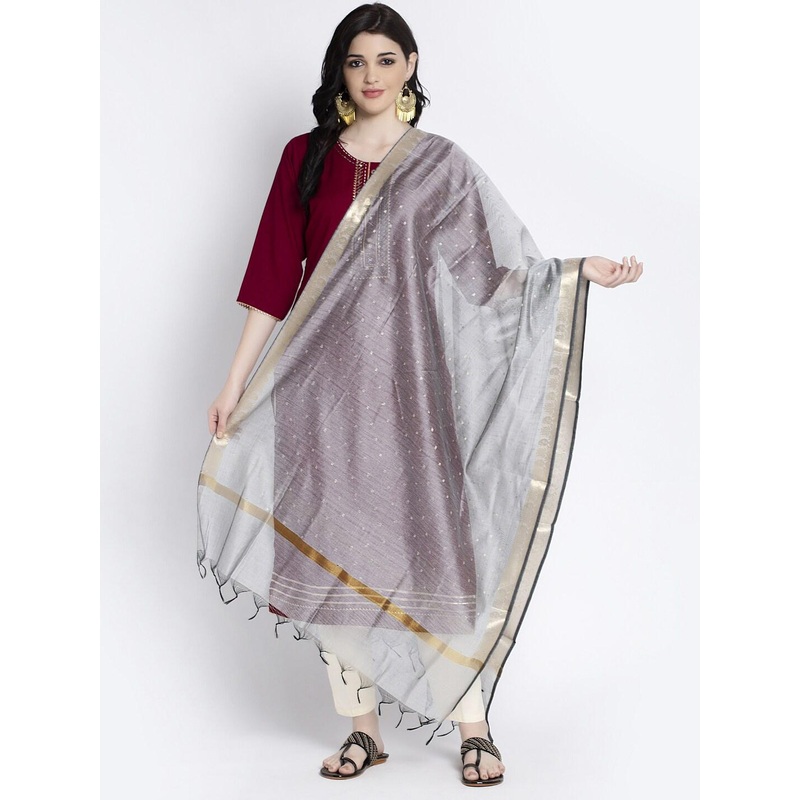 Clora Creation Grey & Gold-Toned Woven Design Dupatta with Zari