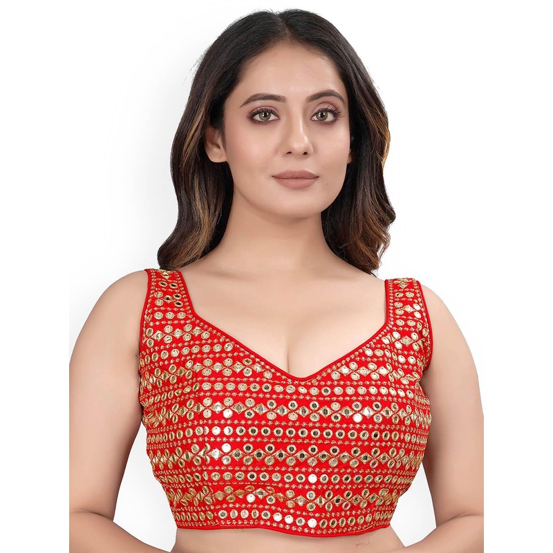 HERE&NOW Embroidered Silk Sweetheart Neck Foil Mirror Readymade Saree Blouse