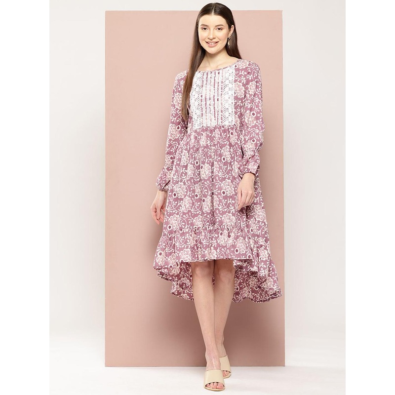 HERE&NOW Women Ethnic Motifs Printed Lace Insert A-Line Midi Dress