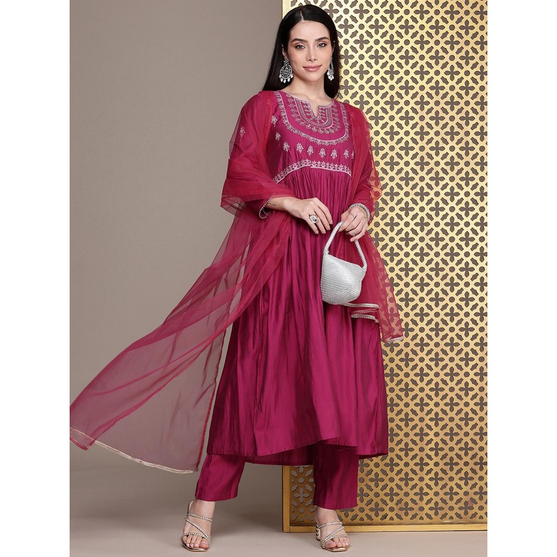 House of Pataudi Jashn Yoke Design Zari Work A-Line Kurta With Trousers & Dupatta