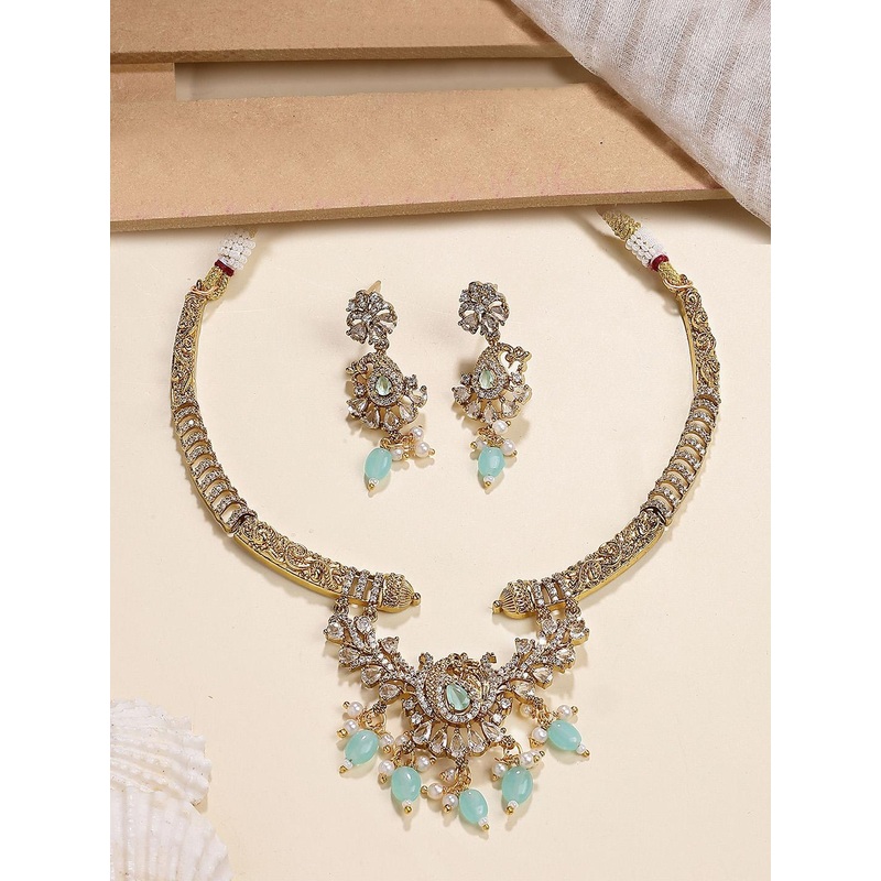 KARATCART Gold-Plated American Diamond Studded & Beaded Peacock Design Jewellery Set