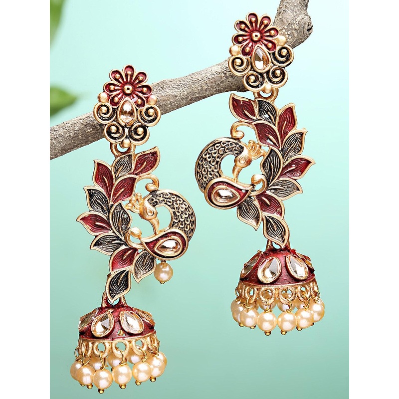 KARATCART Gold Plated Maroon Peacock Shaped Jhumkas Earrings