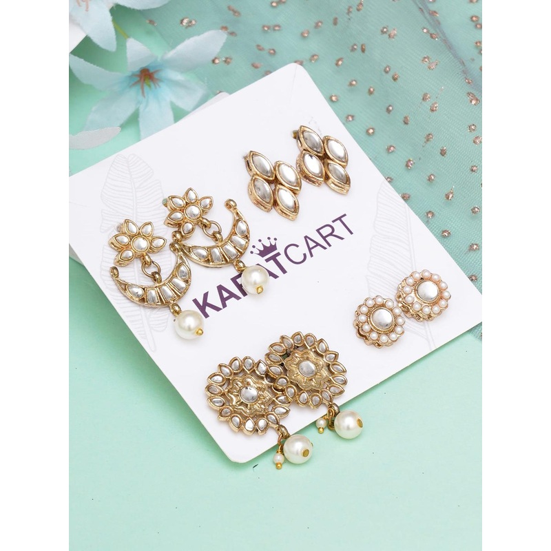 KARATCART Gold-Toned & White Set of 4 Classic Studs Earrings