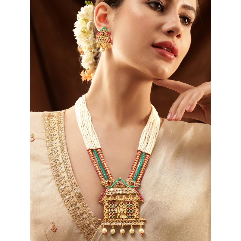 Rubans Gold Plated Lord Krishna & Radha Temple Jewellery Set with Multi-Color Beads