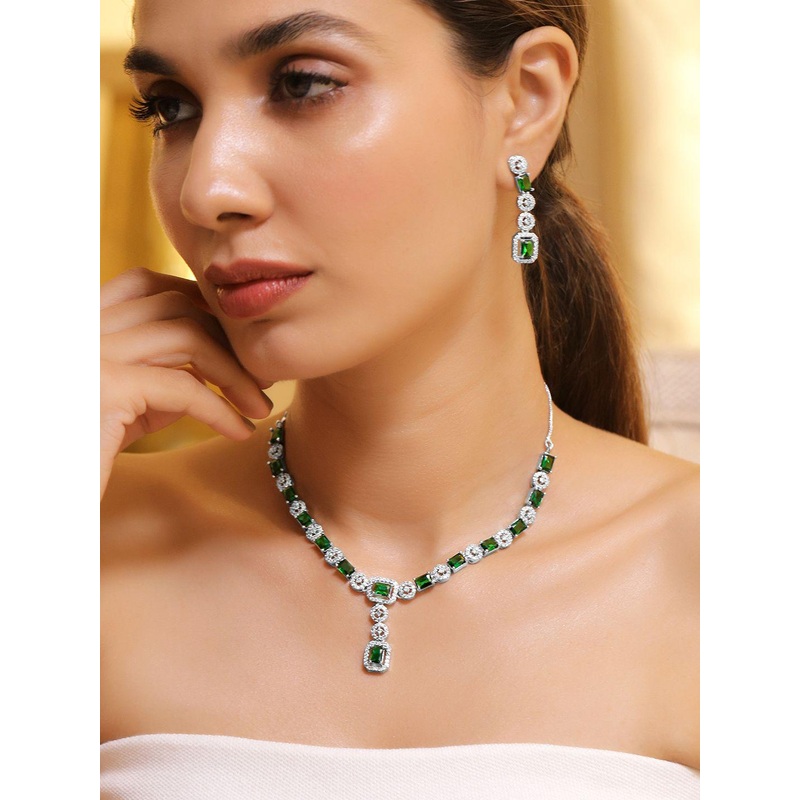 Rubans Rhodium Plated Emerald & Cubic Zirconia Studded Premium Jewellery Set