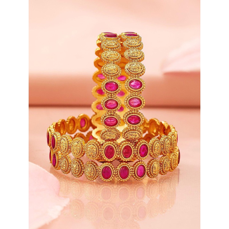Rubans Set of 4, 22K Gold-Plated Ruby Pink Stone & Filigree Design Traditional Bangles