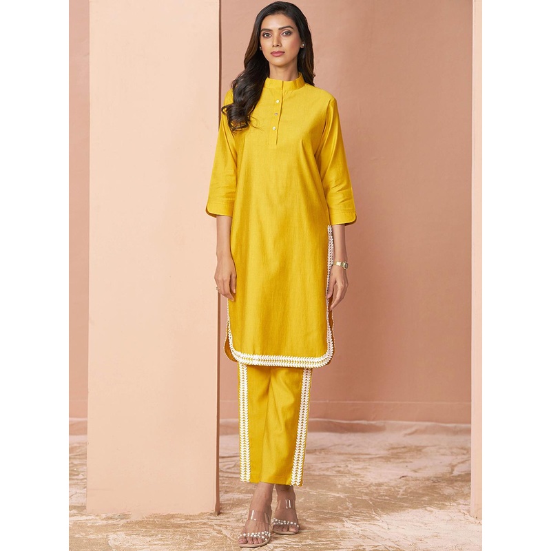 Sangria Band Collar Pure Silk Straight Kurta With Trousers