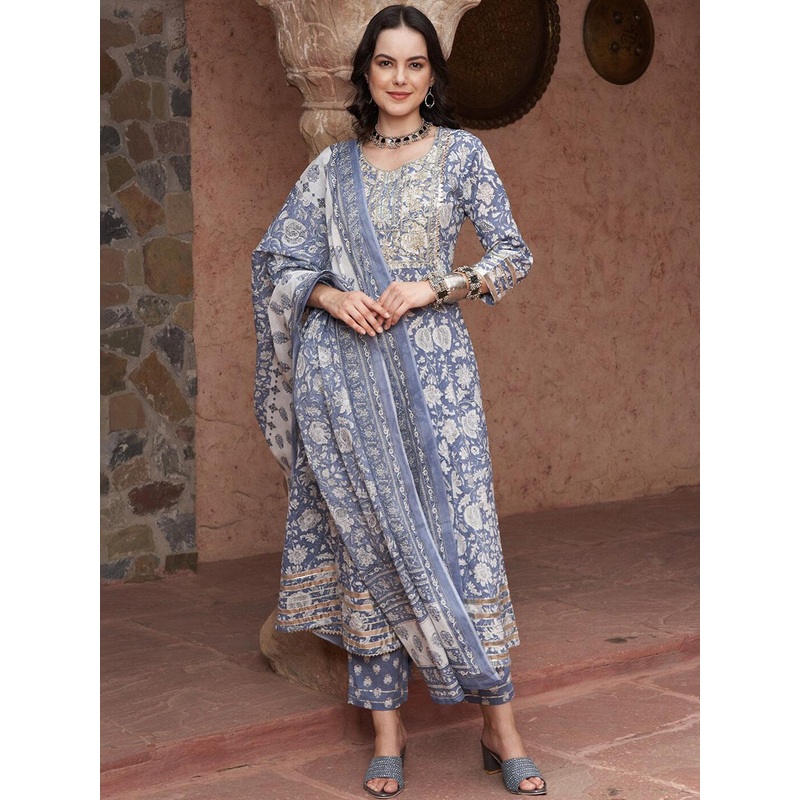Sangria Blue Printed Thread Work Pure Cotton Empire A-Line Kurta with Trousers & Dupatta