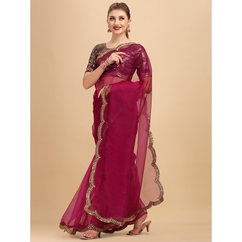 Sangria Burgundy Zardozi Organza Saree