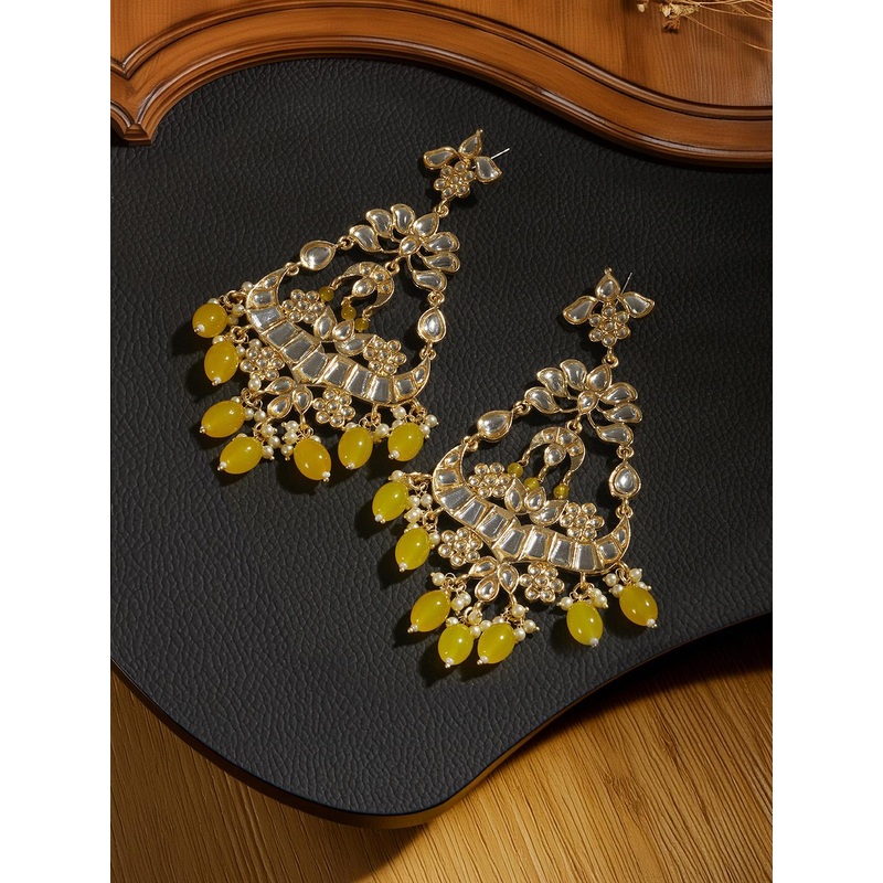 Saraf RS Jewellery Gold-Toned & Yellow Contemporary Chandbalis Earrings