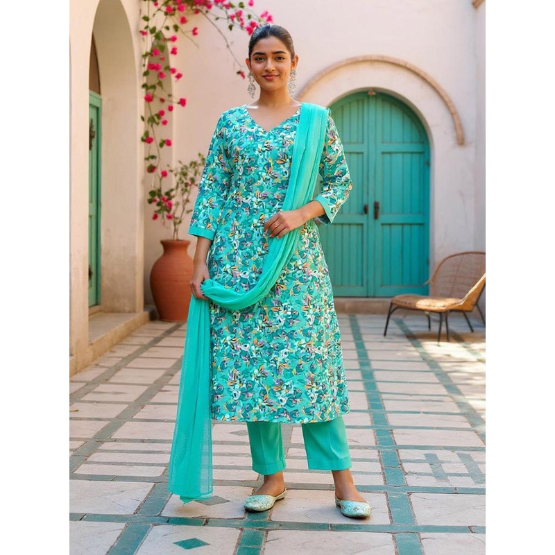 SZN Floral Printed V-Neck Straight Kurta With Trousers And Dupatta