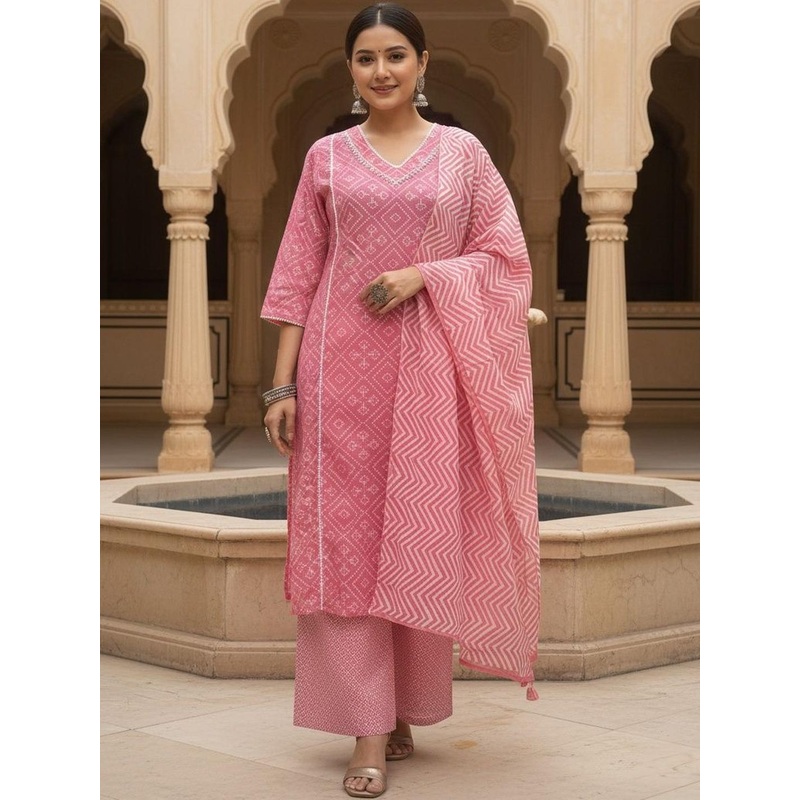 SZN Printed Thread Work Pure Cotton Straight Kurta With Palazzos & Dupatta