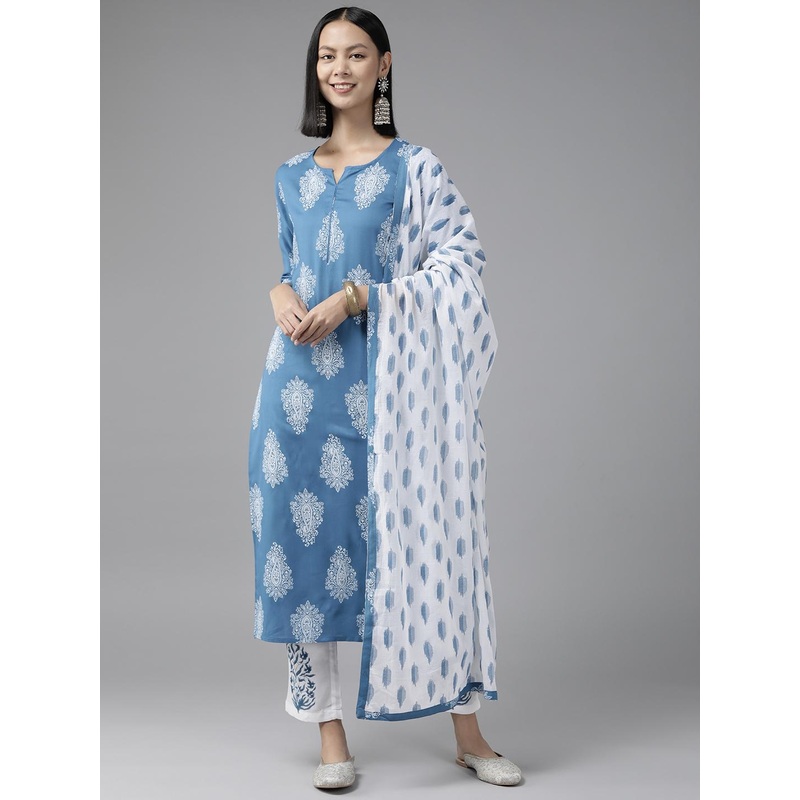Yufta Women Blue Paisley Printed Kurta With Trousers & Dupatta