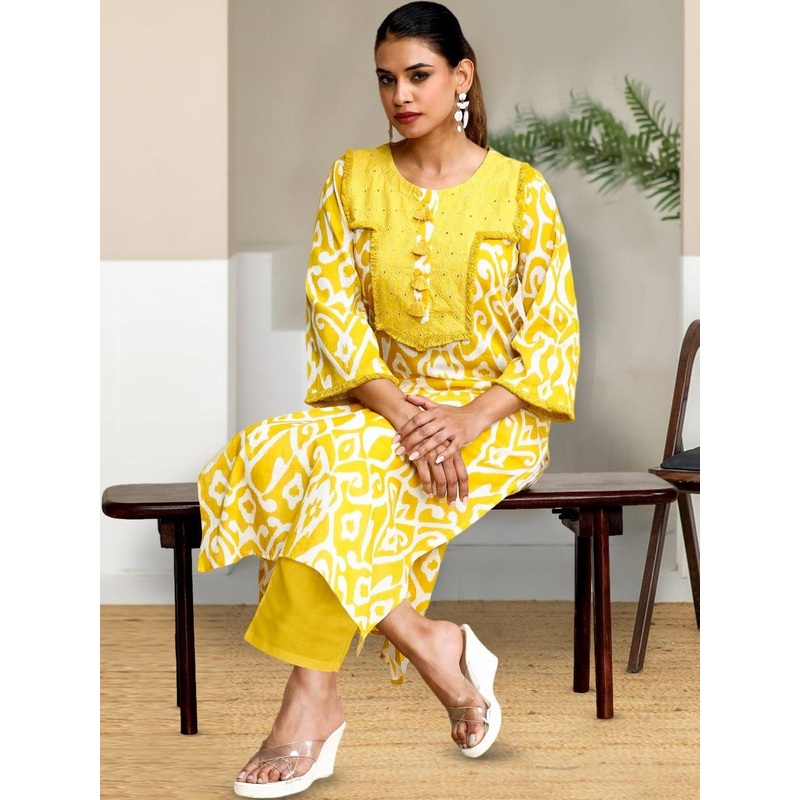AADVIKA Abstract Printed Round Neck Bell Sleeves Thread Work Straight Kurta With Trousers