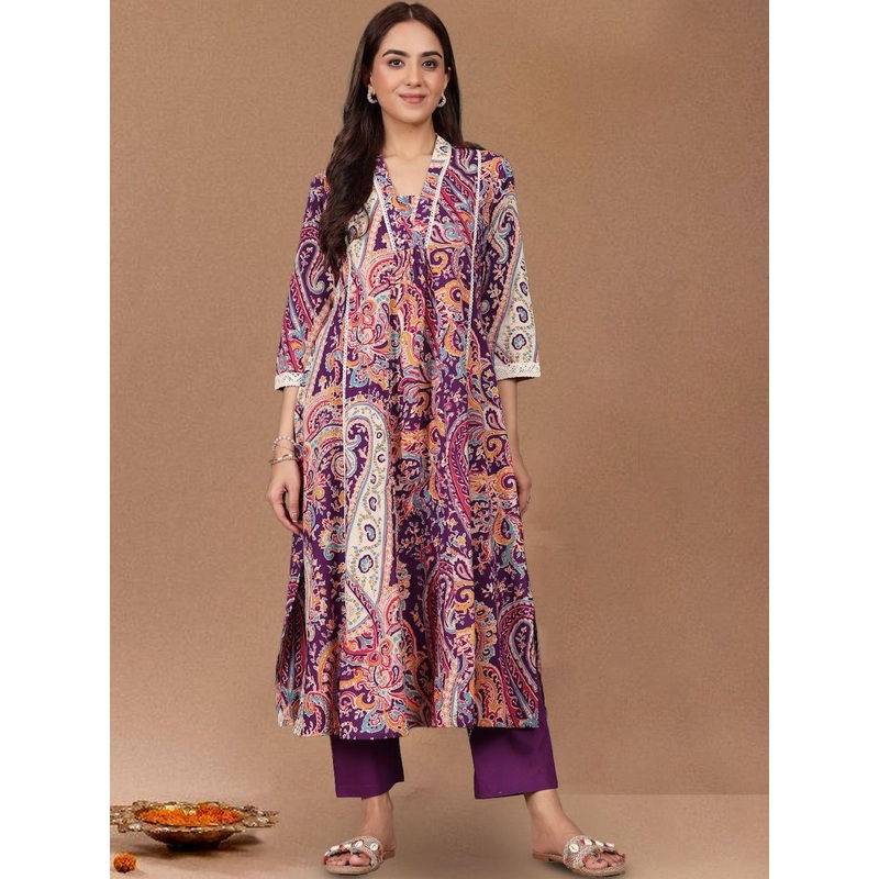 AADVIKA Women Ethnic Motifs Printed Cotton A-Line Kurta with Trousers