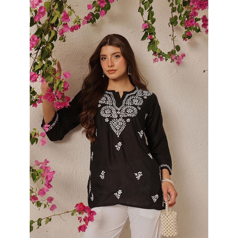 ADA Floral Embroidered Lucknowi Chikankari Thread Work Pure Cotton Kurti