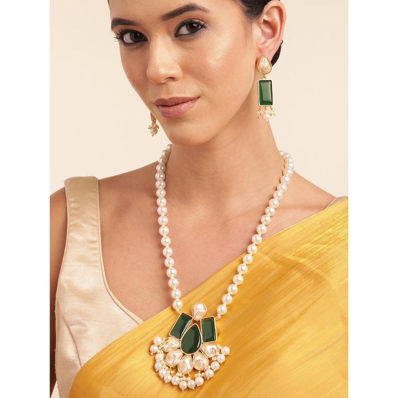 Anouk Gold Plated Beaded & MOP Studded Premium Necklace & Earring Set