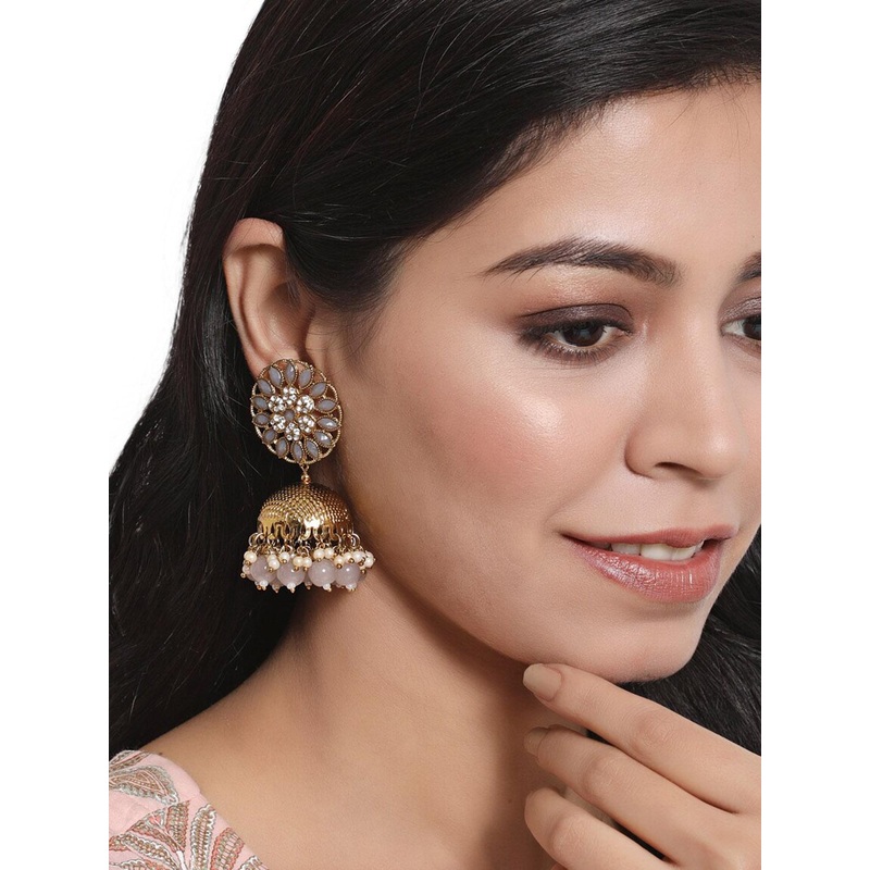Anouk Gold Plated Dome Shaped Kundan Studded & Beaded Jhumkas