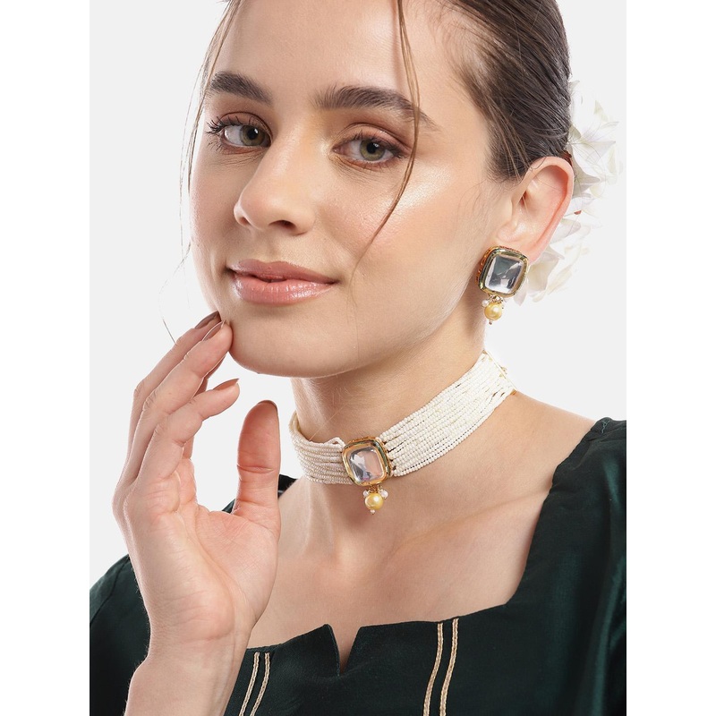 Anouk Women Gold-Plated Kundan & Pearl Studded Choker Necklace with Earrings