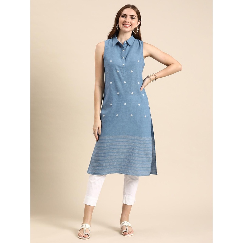 Anouk Woven Design Shirt Collar Pure Cotton Kurta