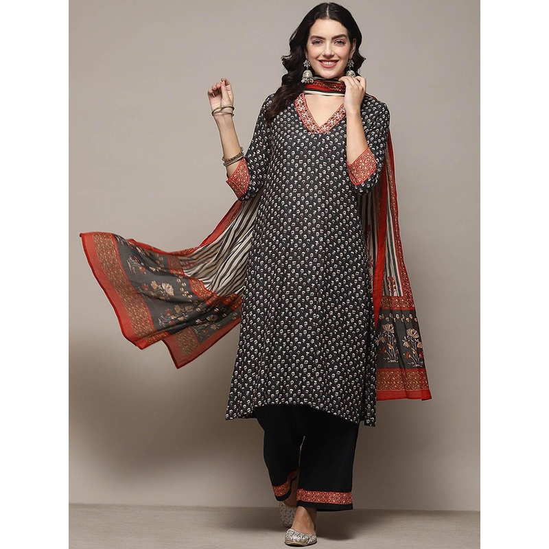 Biba Ethnic Motifs Printed Thread Work Pure Cotton Kurta with Palazzos & With Dupatta