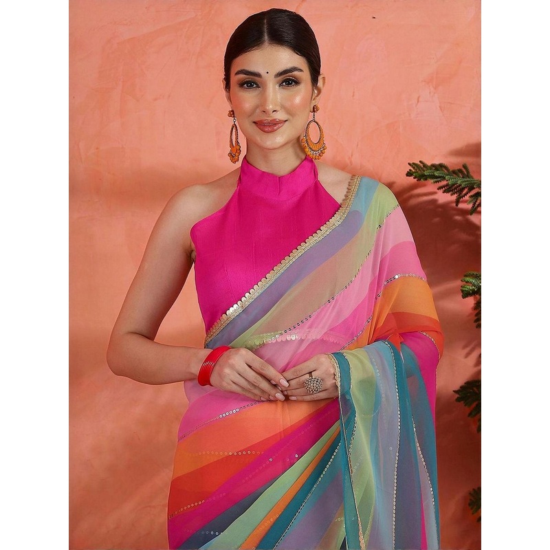 DIVASTRI Colourblocked Striped Gotta Patti Pure Georgette Saree