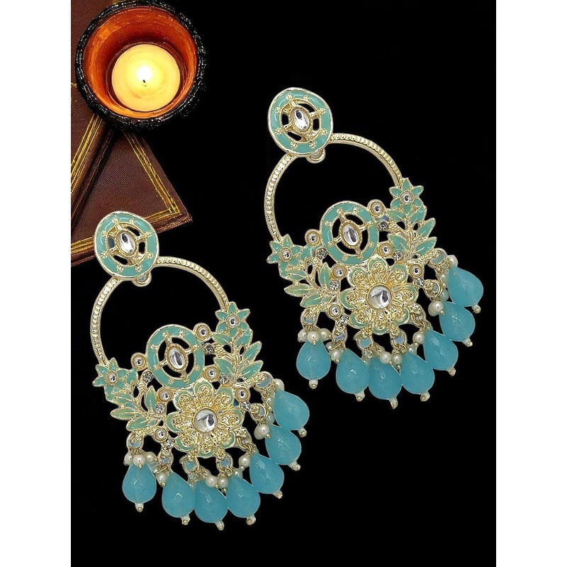 FEMMIBELLA Gold Plated Artificial Stones Studded & Beaded Contemporary Drop Earrings