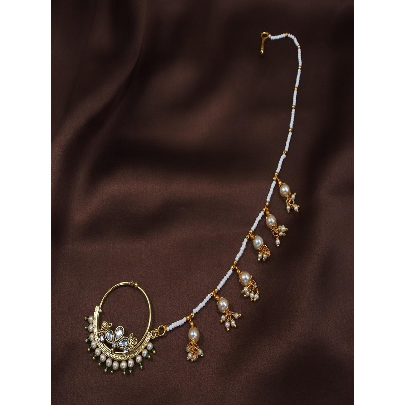 I Jewels Gold-Plated & Green Pearl Studded & Beaded Chained Nose Ring
