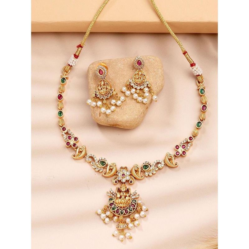 KARATCART Traditional Laxmi Mata Gold Plated Kundan Studded Temple Necklace Set for Women
