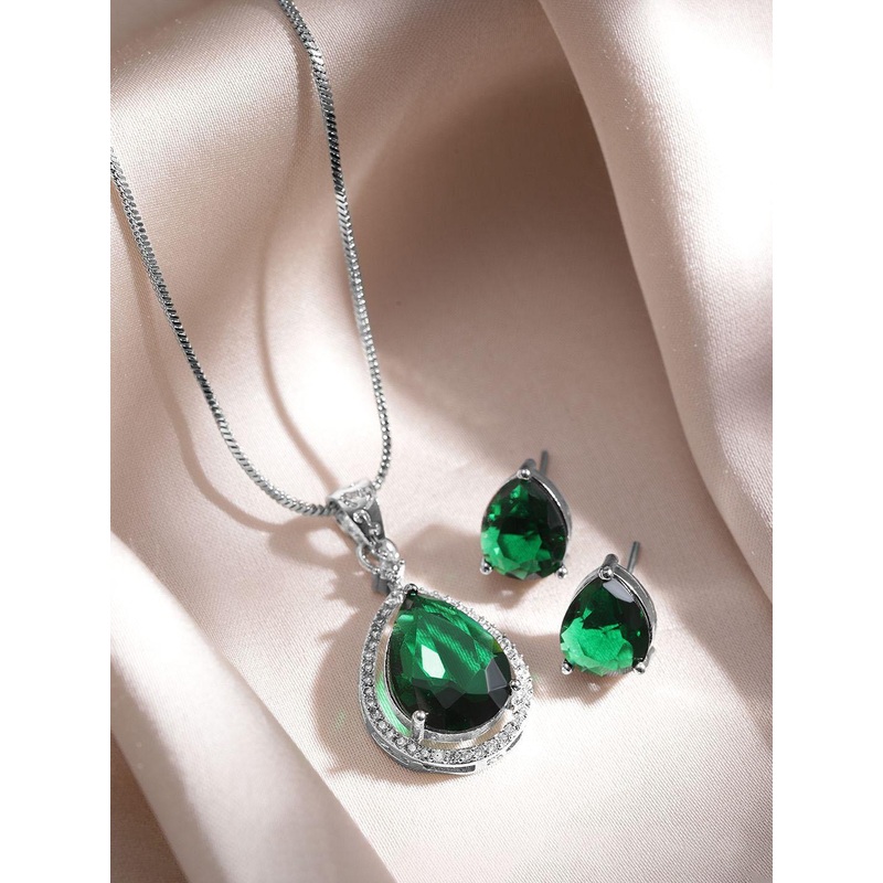 Rubans Rhodium Plated Emerald & CZ Studded Premium Pendant Necklace Set