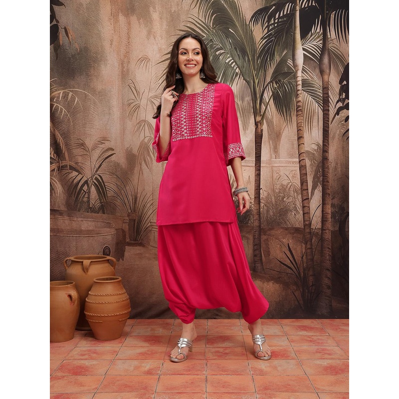 Sangria Yoke Design Sequinned Kurta with Harem Pants